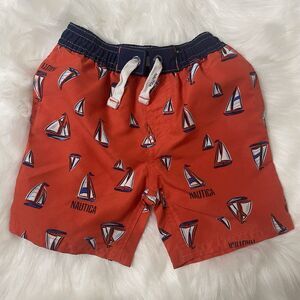 NAUTICA Boys Shorts Size 12 Months Red Sailboats Navy Summer Vacation Nautical